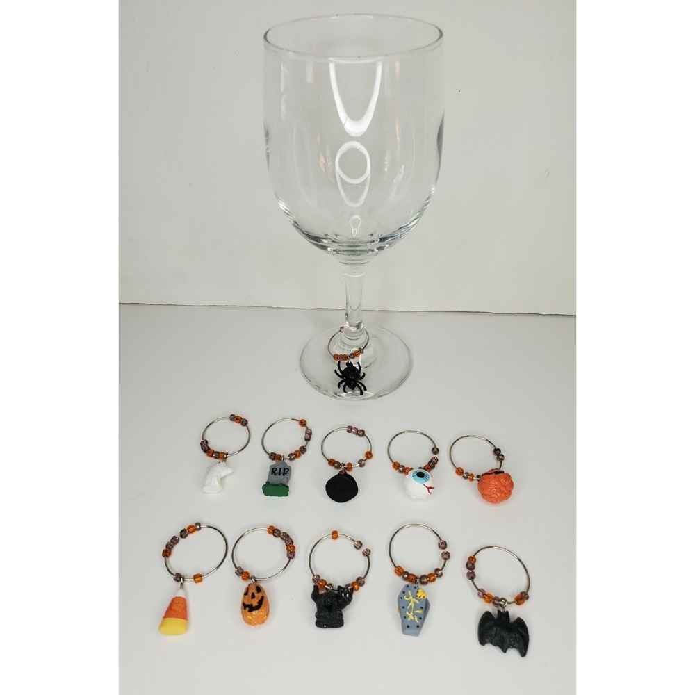 👻Halloween Wine Glass Charms Set Of 11 Pumpkin Bat Spider Ghost Web‎ Holiday🕷